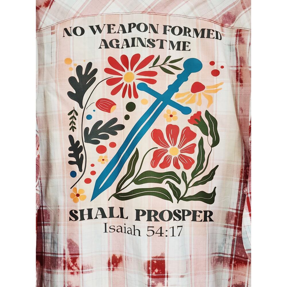 No Weapon Formed Against Me Shall Prosper Repurposed Christian Theme Plaid Shirt - Picture 2 of 5